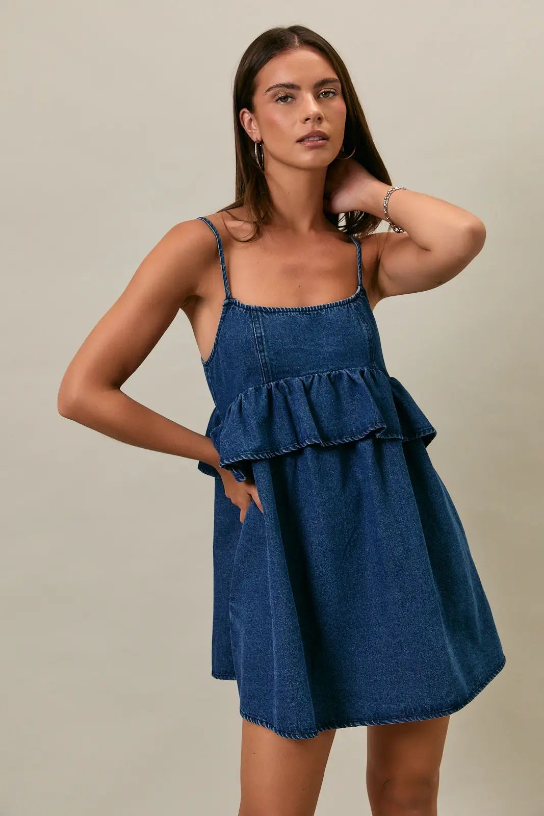LE LIS Ryland denim spaghetti dress with ruffle details, casual summer dress featuring a fitted bodice and thin straps.