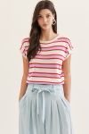 ENTRO Angie striped round neck casual top with long sleeves and relaxed fit, featuring colorful horizontal stripes.