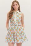 ENTRO Ronnie floral collared dress featuring a fitted bodice and flowy skirt with vibrant floral patterns.