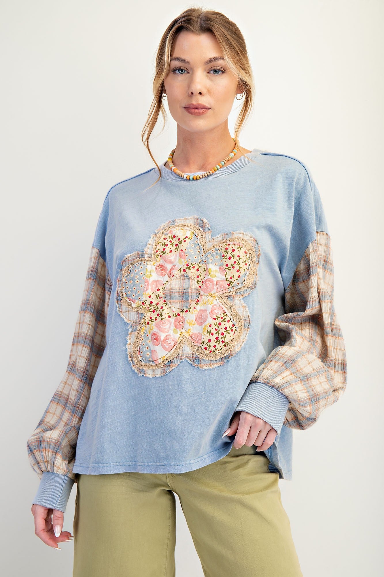 Sonya Plaid Sleeve Flower Patch Top - Be You Boutique