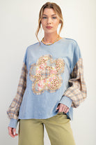Sonya Plaid Sleeve Flower Patch Top - Be You Boutique