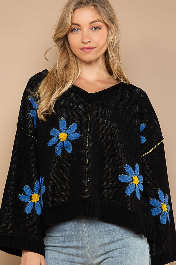 Emmett V Neck Floral Chenille Pullover Sweater - Be You Boutique