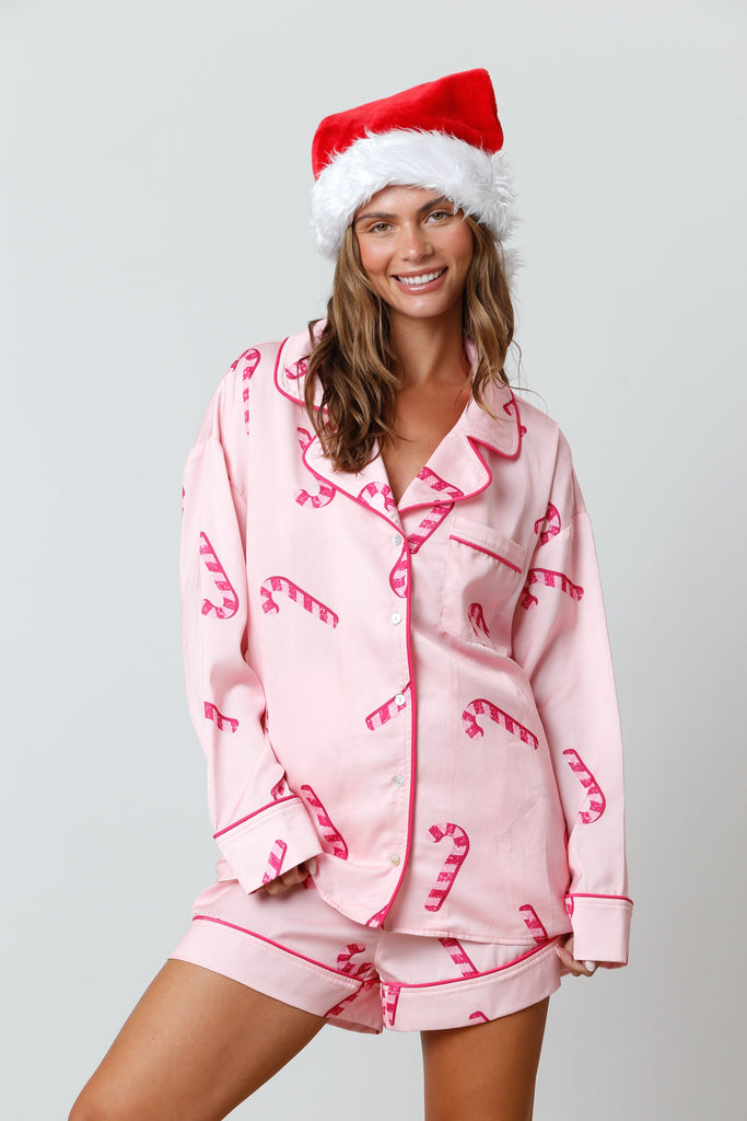 Candy Cane Pattern Satin Pajama Top and Short Set - Be You Boutique