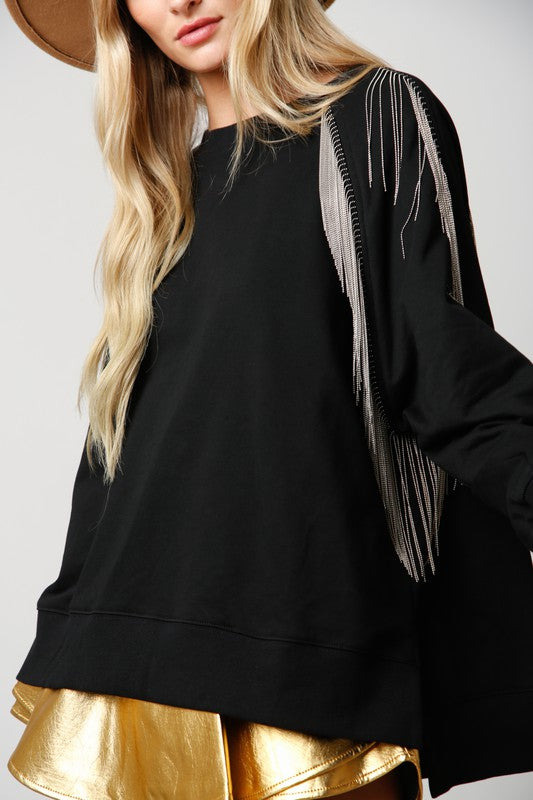 Shayla Metal Fringe Detail Oversized Sweatshirt Top - Be You Boutique