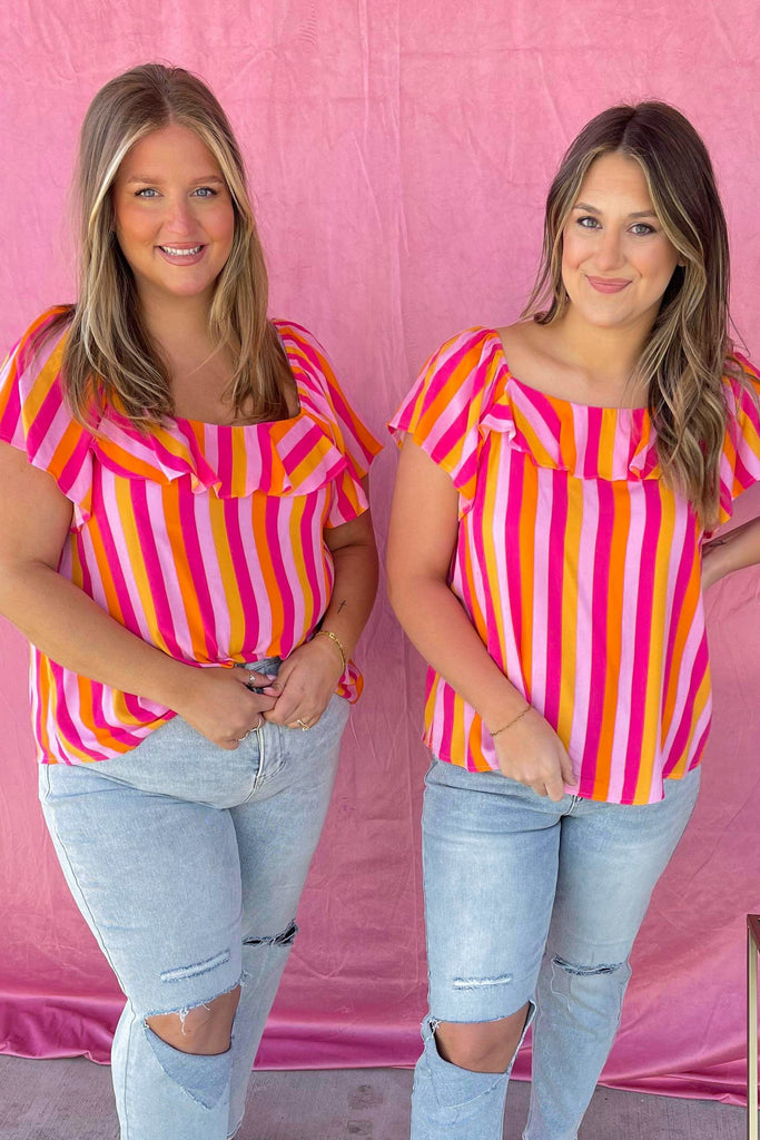 Cindy Square Neck Flutter Sleeve Striped Top - Be You Boutique