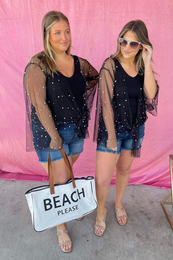 Sunni Sheer Mesh Kimono Top with Front Tie and Pearl Detailing - Be You Boutique