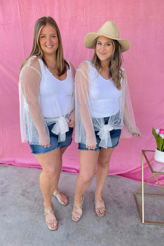 Sunni Sheer Mesh Kimono Top with Front Tie and Pearl Detailing - Be You Boutique