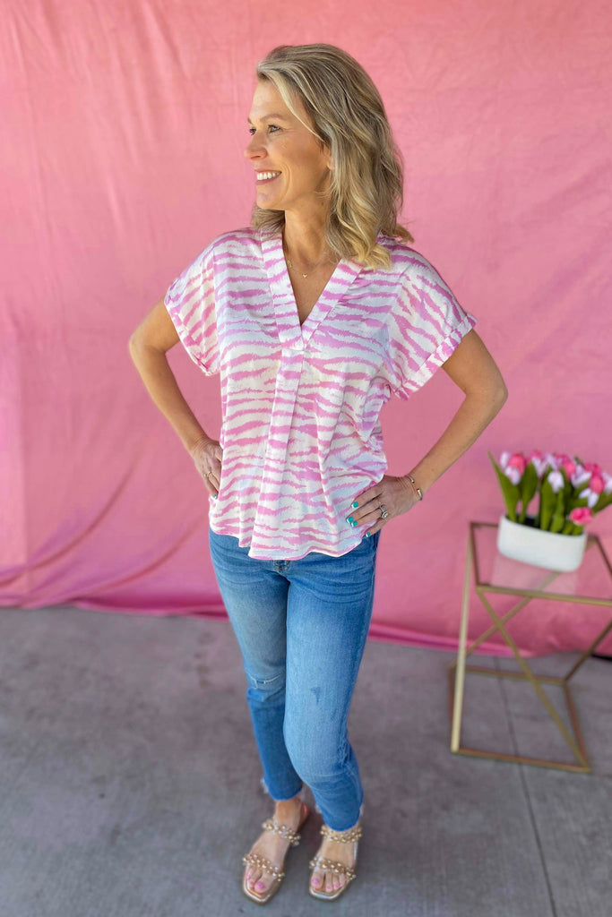 Daniel Satin Animal Print V Neck Short Sleeve Top - Be You Boutique