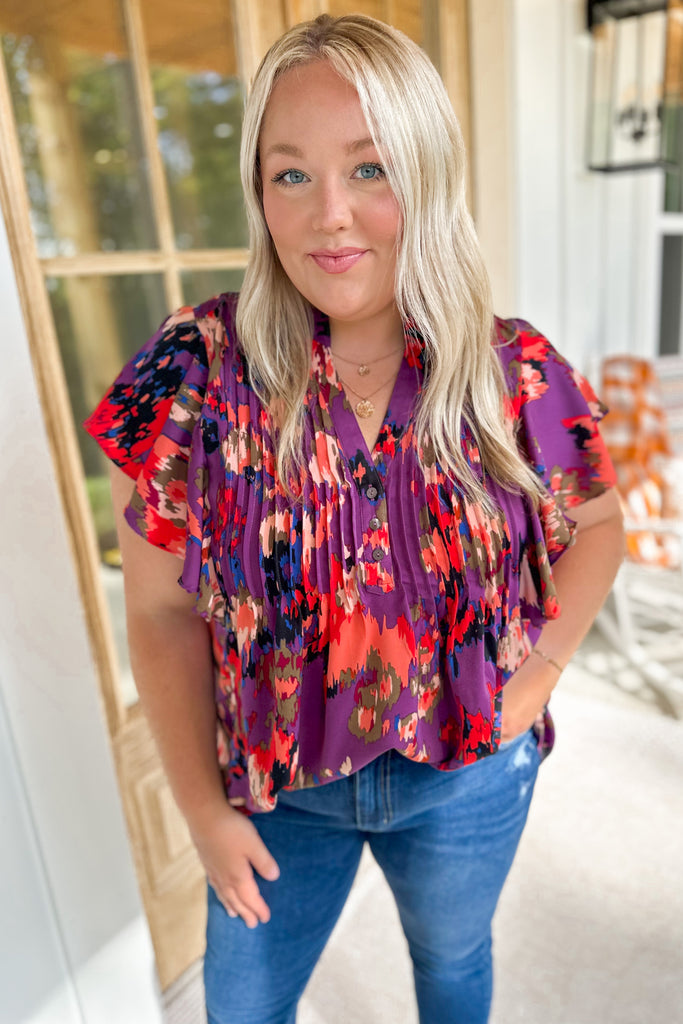 Lenny Short Sleeve Printed Pintuck Blouse Top - Be You Boutique