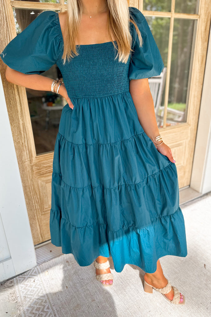 Hunter Square Neck Puff Sleeved Smocked Bodice Tiered Maxi Dress - Be You Boutique