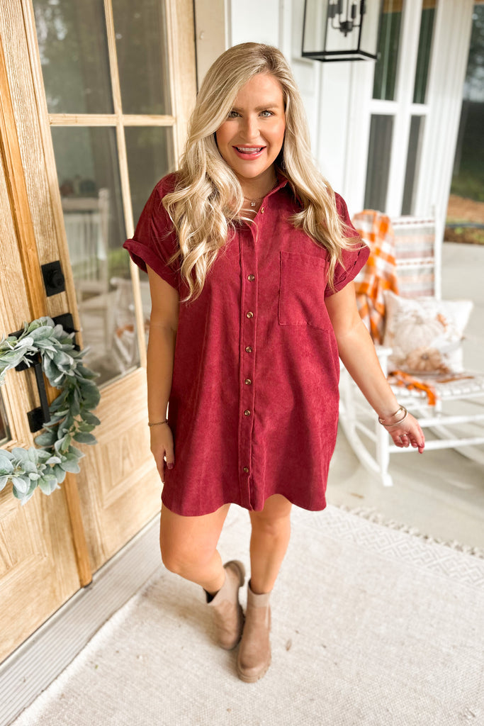 Catnis Corduroy Short Sleeve Button Down Dress - Be You Boutique