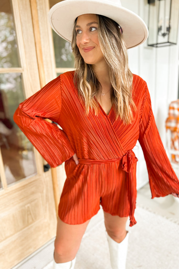 Julian Long Sleeve V Neck Pleated Satin Romper *FINAL SALE* - Be You Boutique
