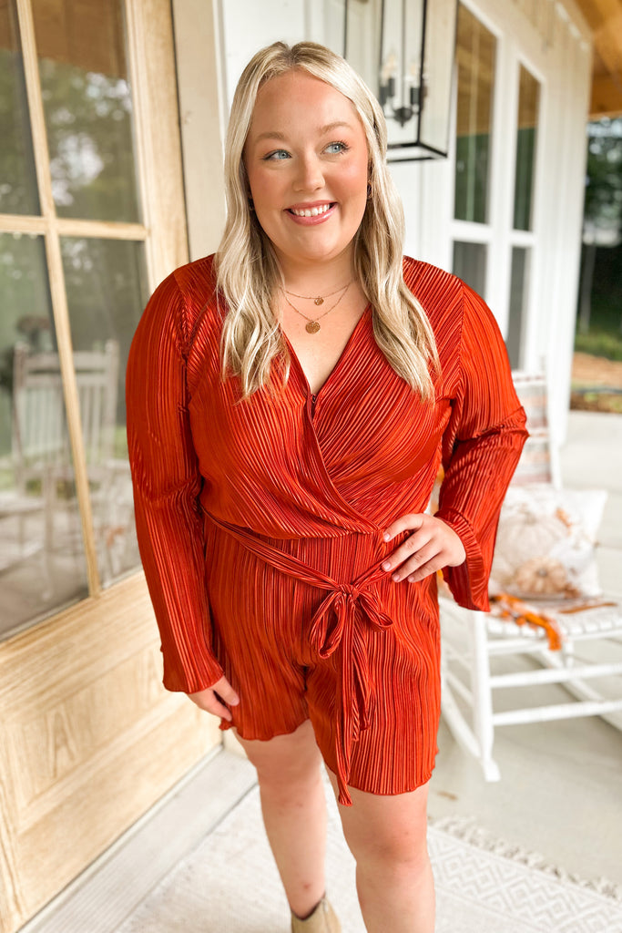 Julian Long Sleeve V Neck Pleated Satin Romper *FINAL SALE* - Be You Boutique