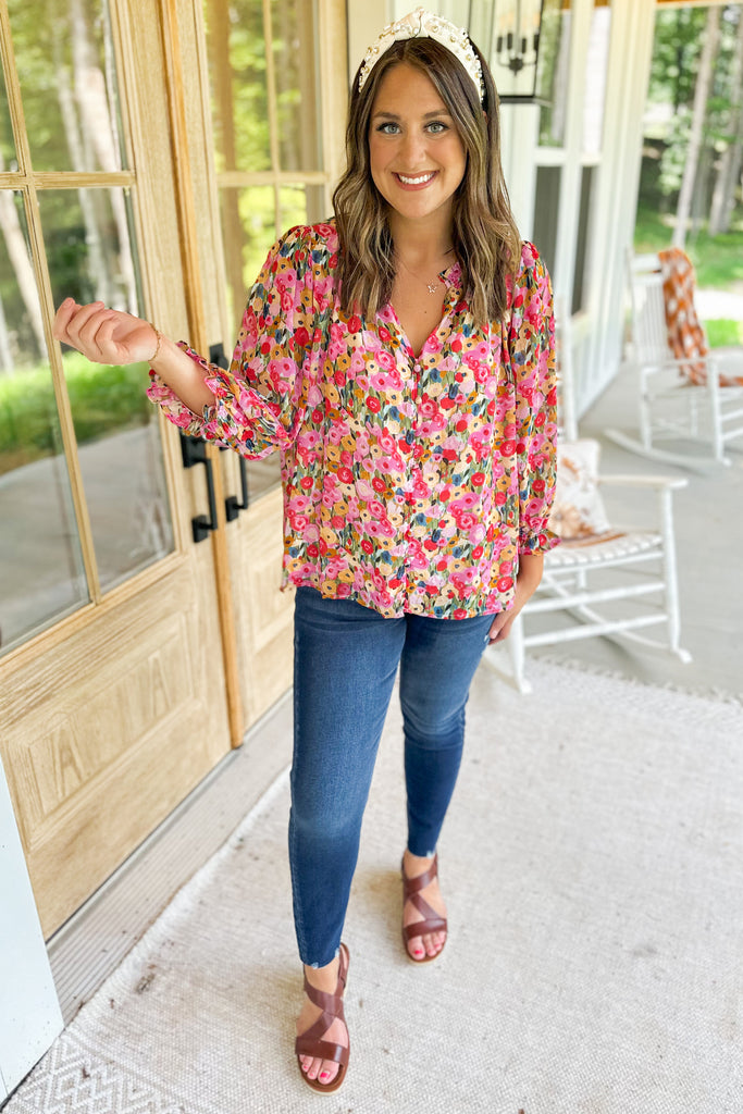 Chuck Floral Print Long Sleeve Blouse Top - Be You Boutique