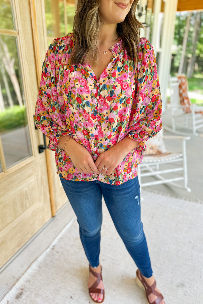 Chuck Floral Print Long Sleeve Blouse Top - Be You Boutique