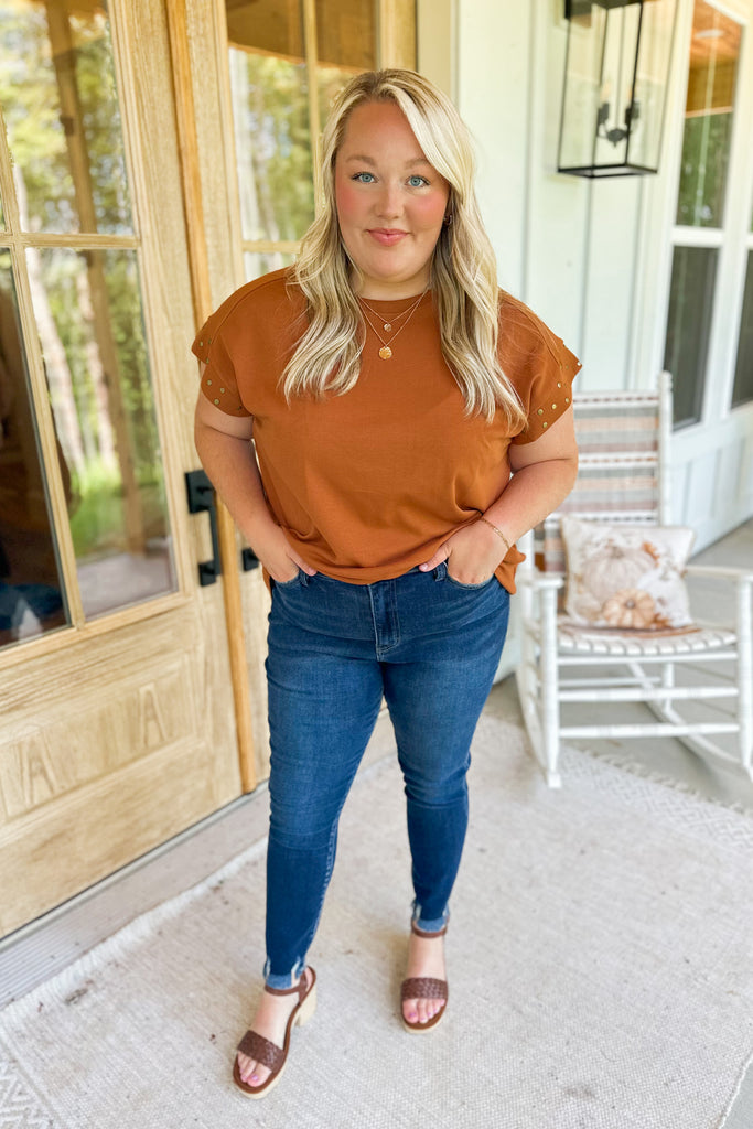Elijah Short Sleeve Round Stud Detail Neck Top - Be You Boutique