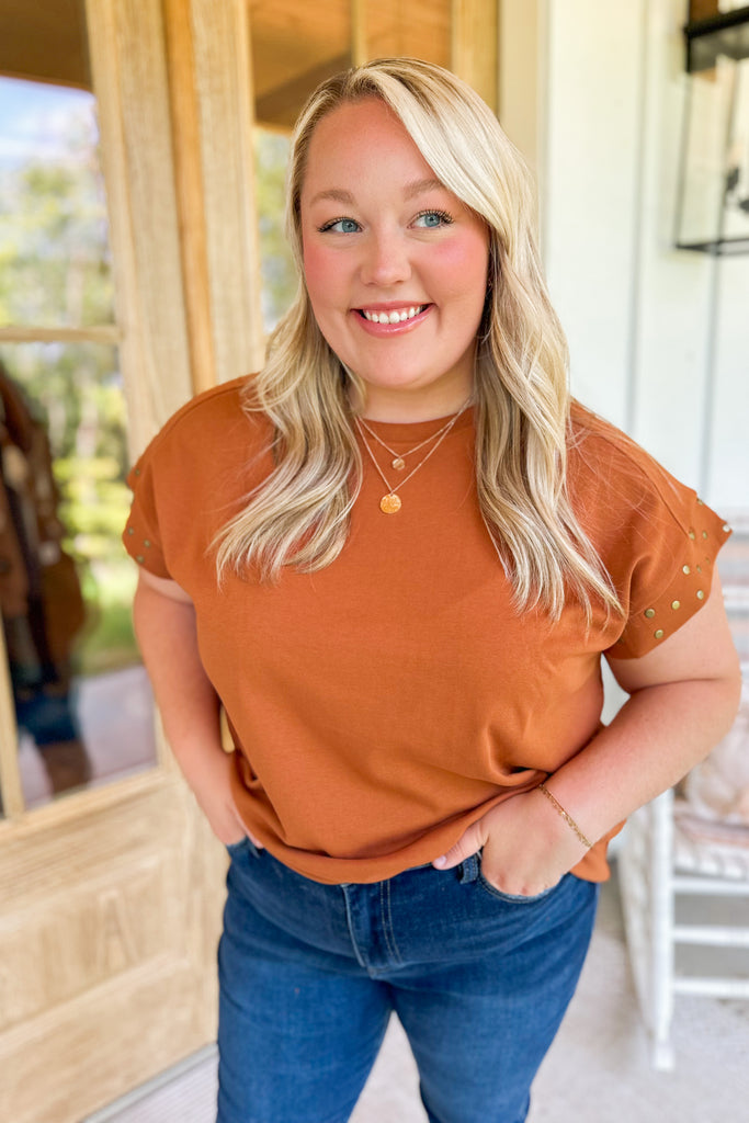 Elijah Short Sleeve Round Stud Detail Neck Top - Be You Boutique
