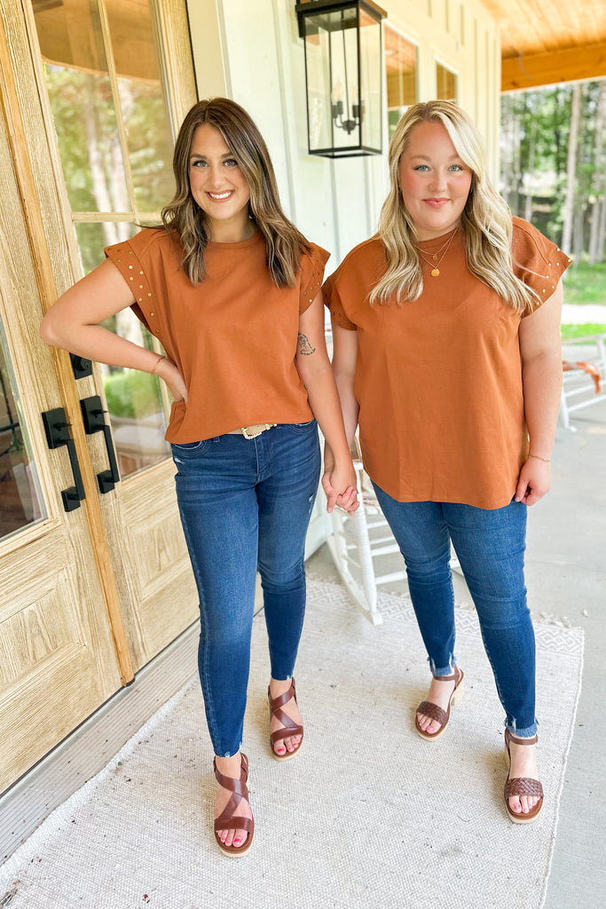 Elijah Short Sleeve Round Stud Detail Neck Top - Be You Boutique