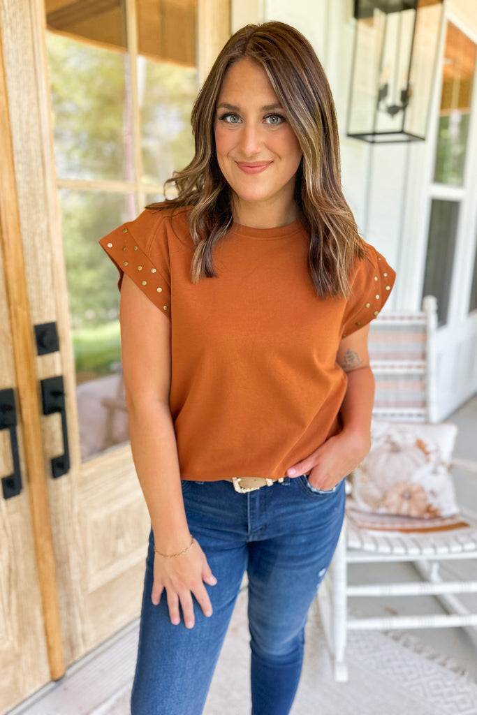 Elijah Short Sleeve Round Stud Detail Neck Top - Be You Boutique