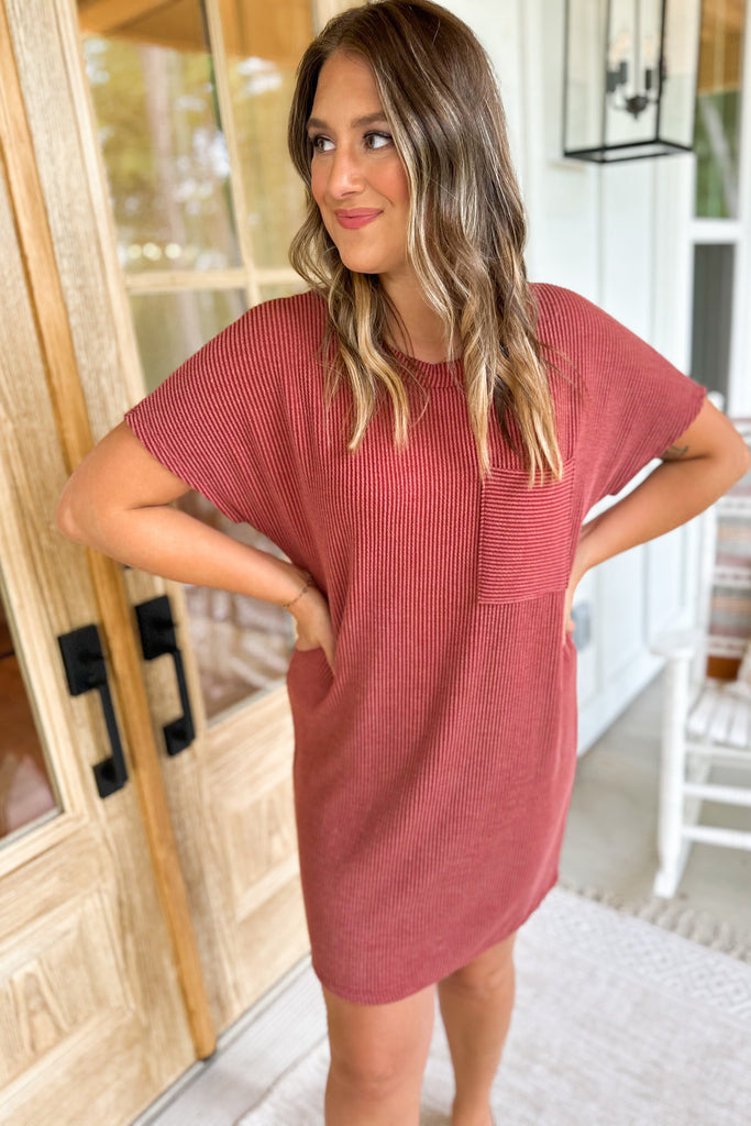 Cameron Ribbed Round Neck Short Sleeve Dress - Be You Boutique
