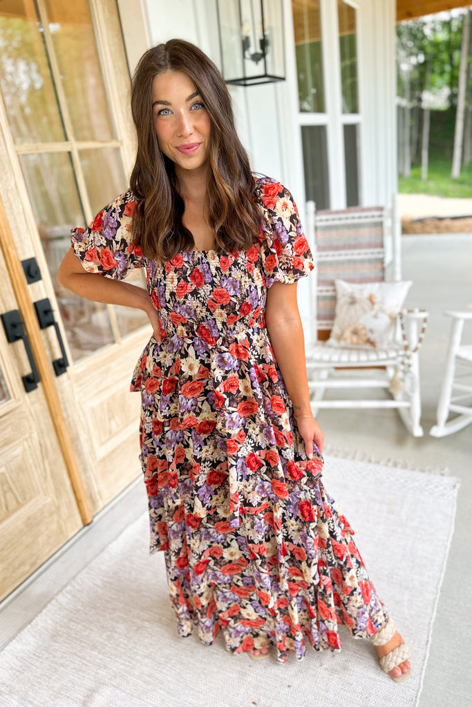 Edwin Floral Print Square Neck Puff Sleeve Tiered Maxi Dress - Be You Boutique