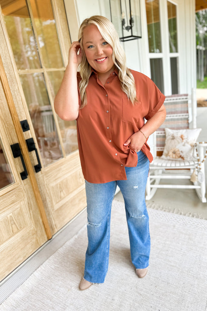 Jeremy Button Up Collared Short Sleeve Satin Top - Be You Boutique