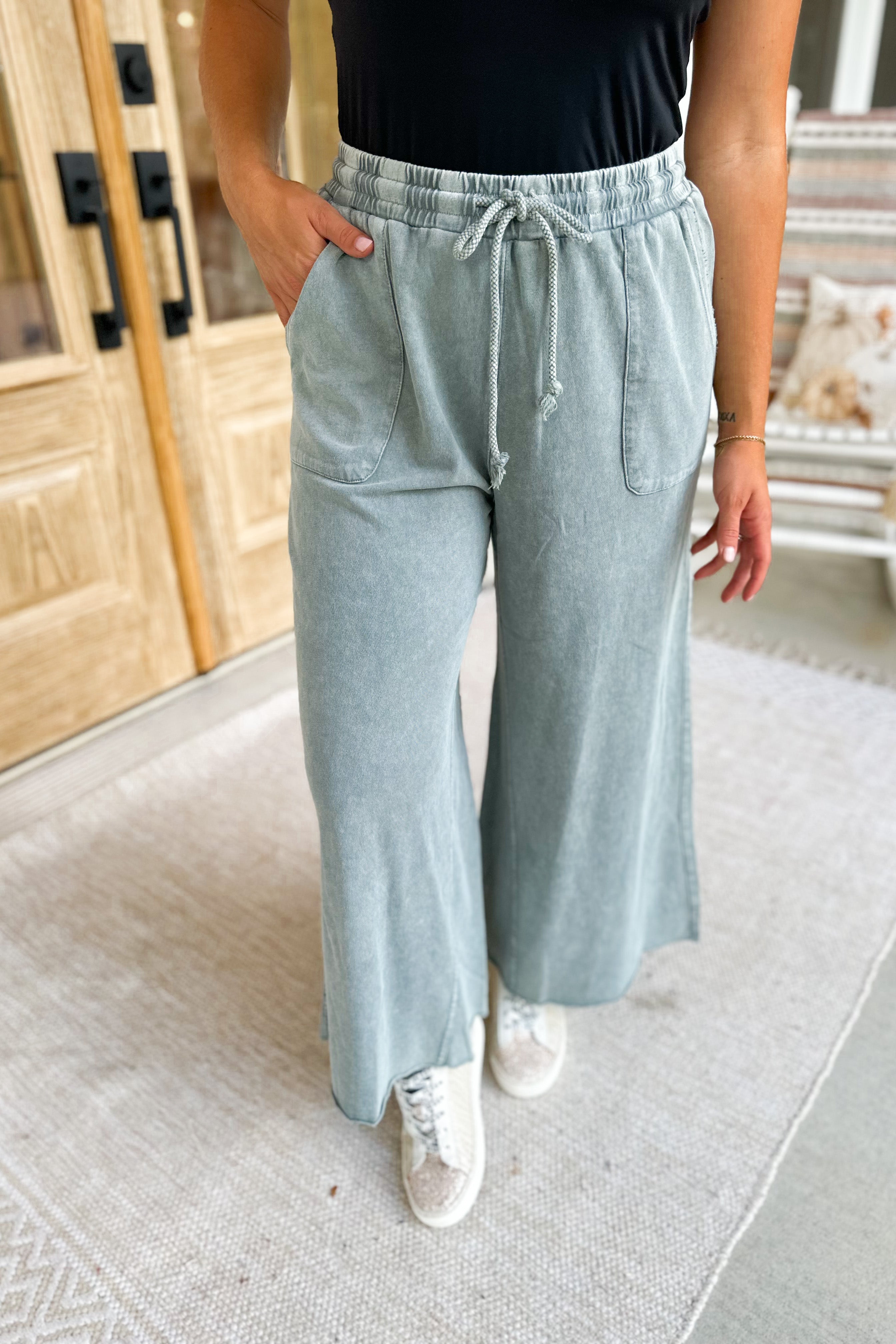 Rachel Washed Terry Knit Wide Leg Pant Bottom - Be You Boutique