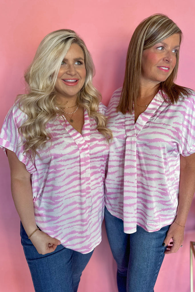 Daniel Satin Animal Print V Neck Short Sleeve Top - Be You Boutique
