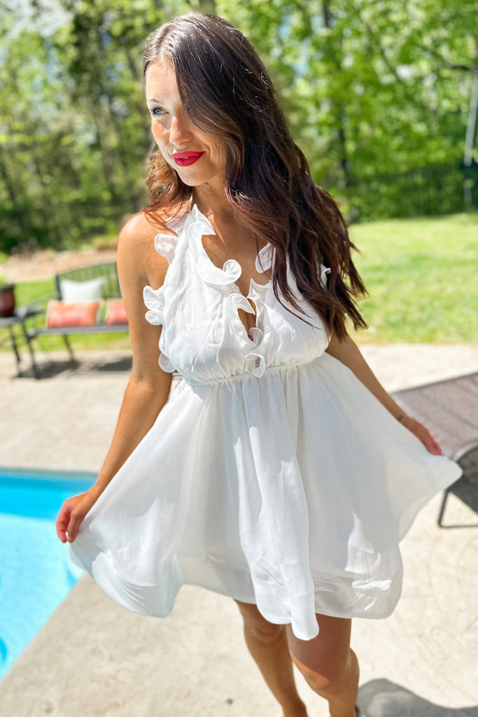 Snow Open Back Self Tie Halter Dress with Ruffles - Be You Boutique