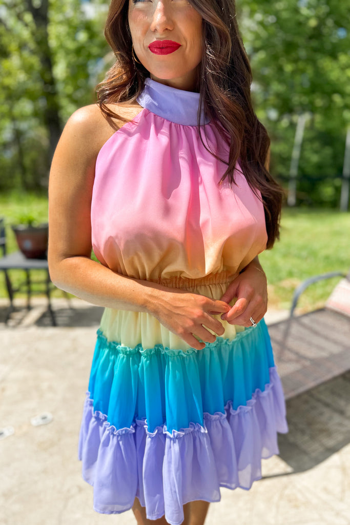 Orion Mock Neck With Back Self Tie Multi Ombre Print Dress - Be You Boutique