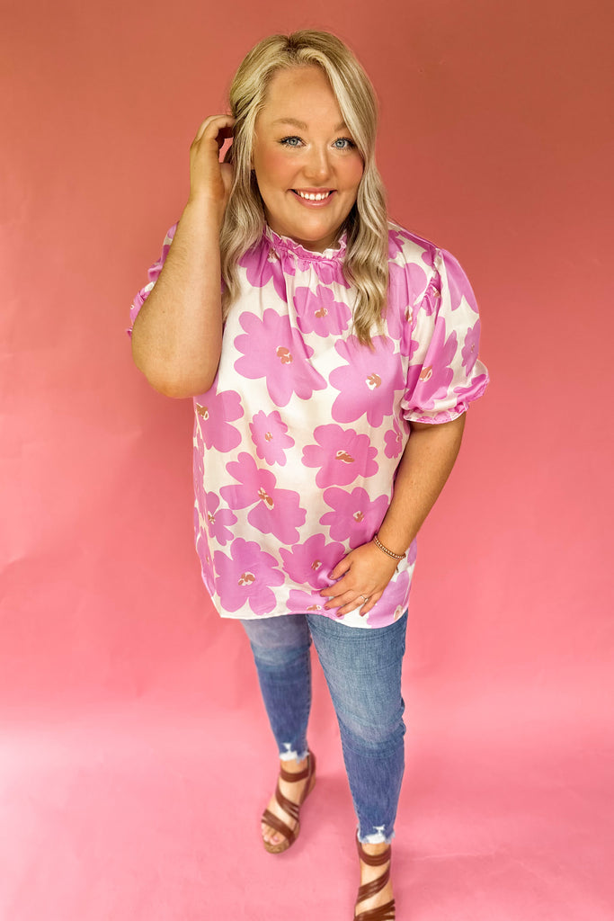 Kristy Floral Print Mock Neck Short Sleeve Top - Be You Boutique