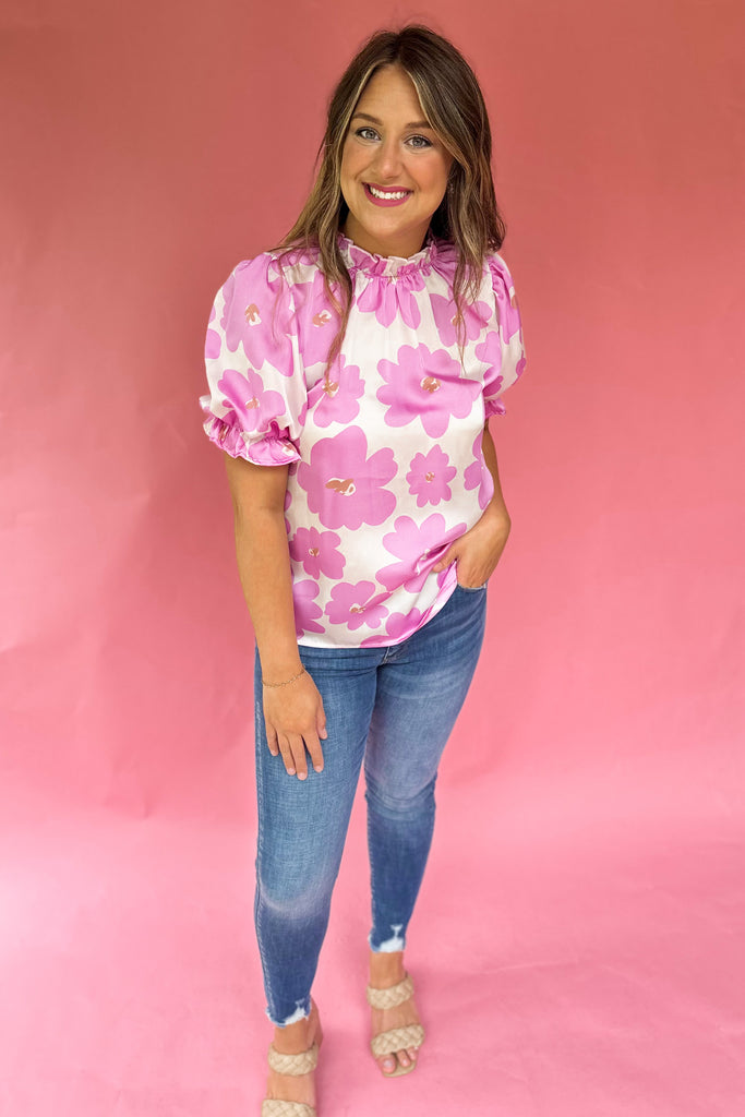 Kristy Floral Print Mock Neck Short Sleeve Top - Be You Boutique