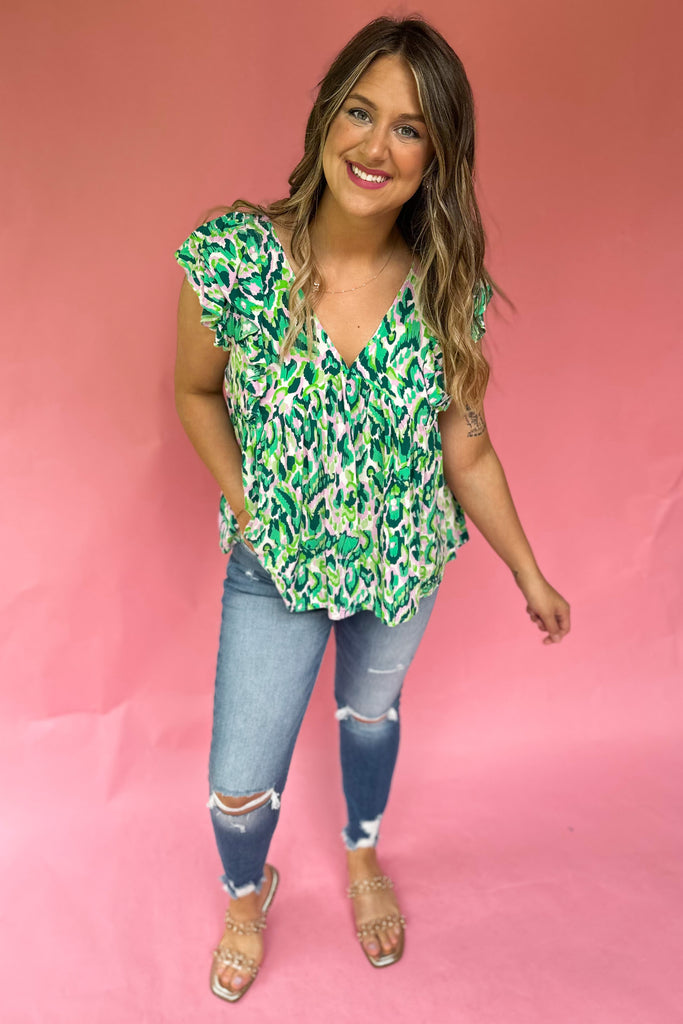 Kasper Printed V Neck Flutter Sleeve Top - Be You Boutique