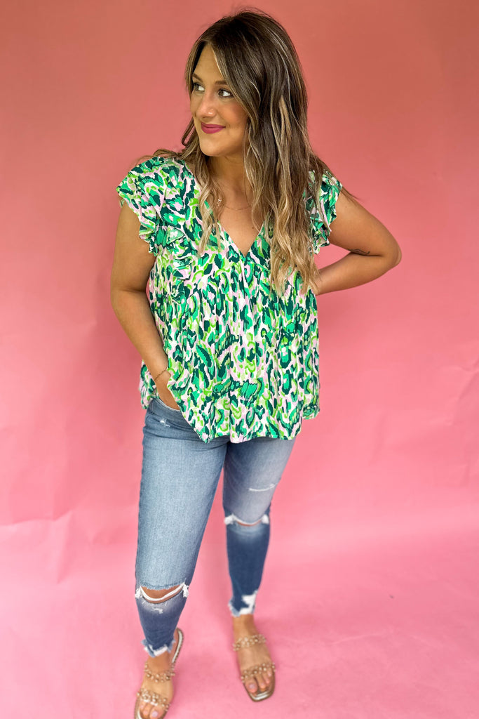 Kasper Printed V Neck Flutter Sleeve Top - Be You Boutique