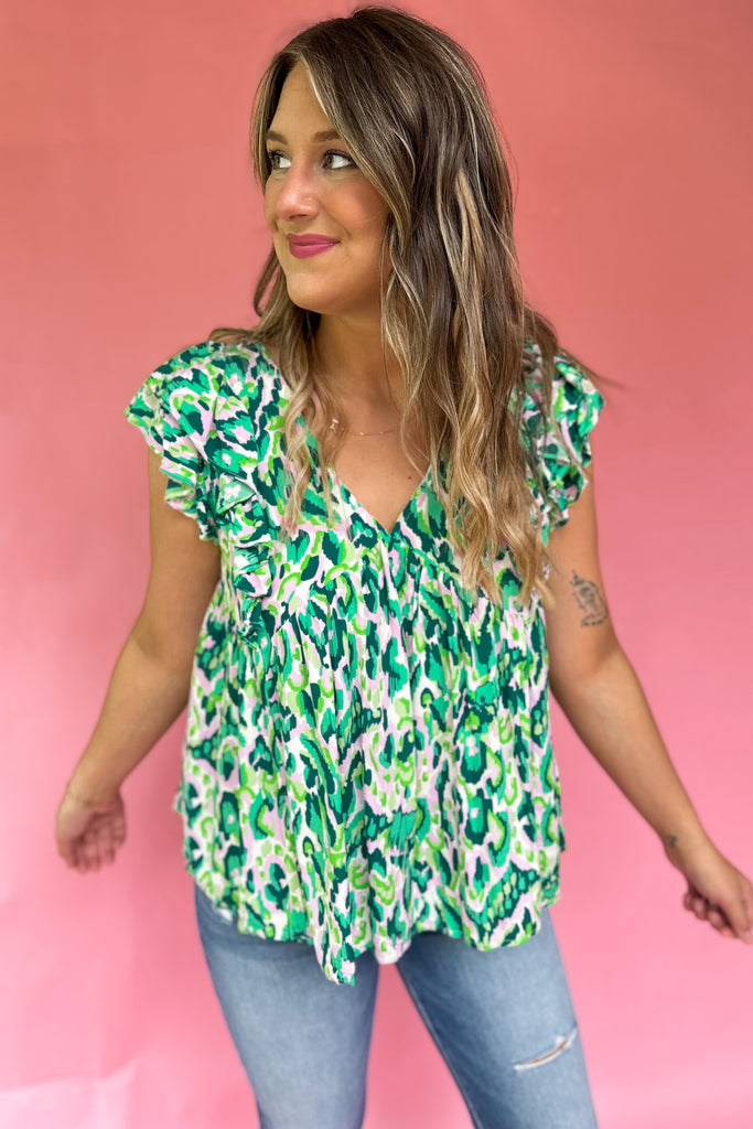 Kasper Printed V Neck Flutter Sleeve Top - Be You Boutique