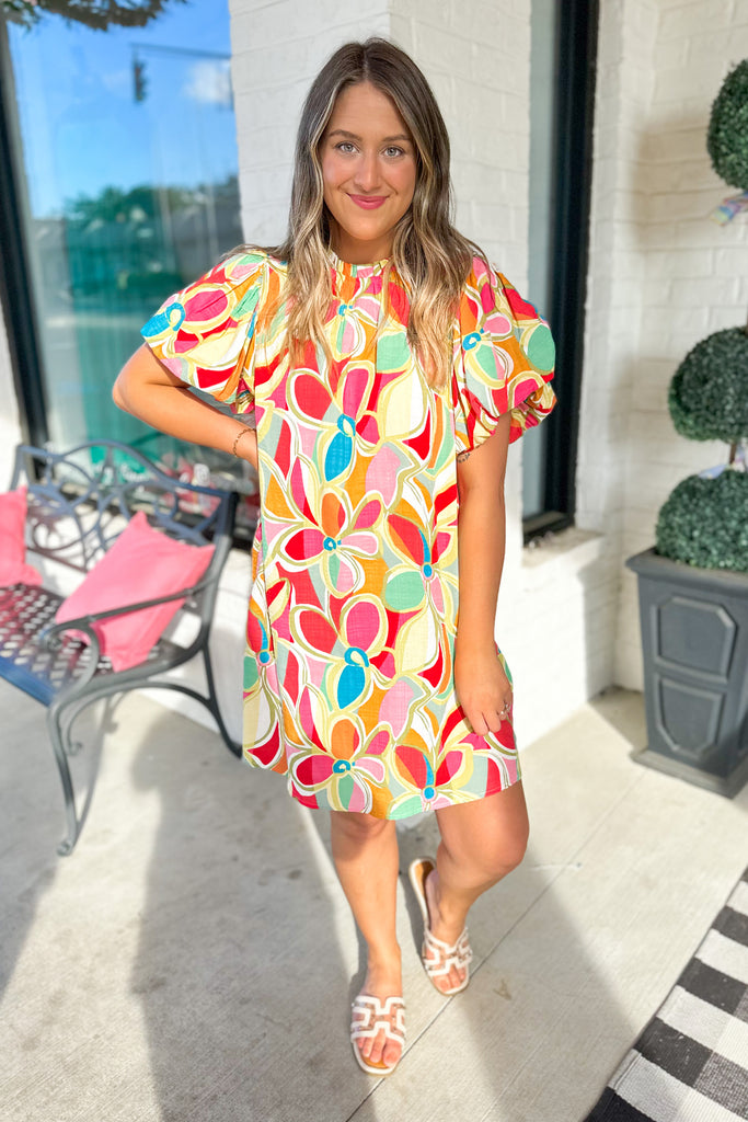 Angie Multi Color Floral Print Short Puff Sleeve Dress - Be You Boutique
