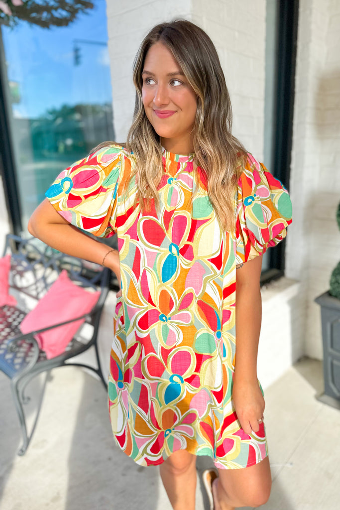 Angie Multi Color Floral Print Short Puff Sleeve Dress - Be You Boutique