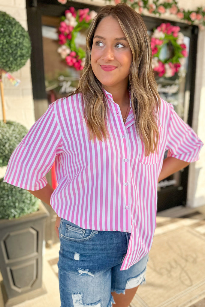 Malichi Striped Hi Lo Short Sleeve Collared Shirt - Be You Boutique