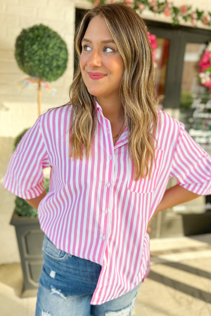 Malichi Striped Hi Lo Short Sleeve Collared Shirt - Be You Boutique
