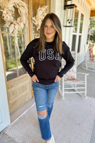 USA Puff Print Ever So Soft Long Sleeve Graphic Pullover Sweatshirt - Be You Boutique