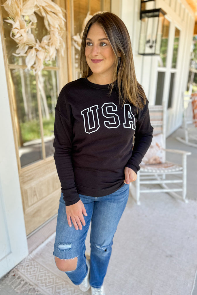 USA Puff Print Ever So Soft Long Sleeve Graphic Pullover Sweatshirt - Be You Boutique