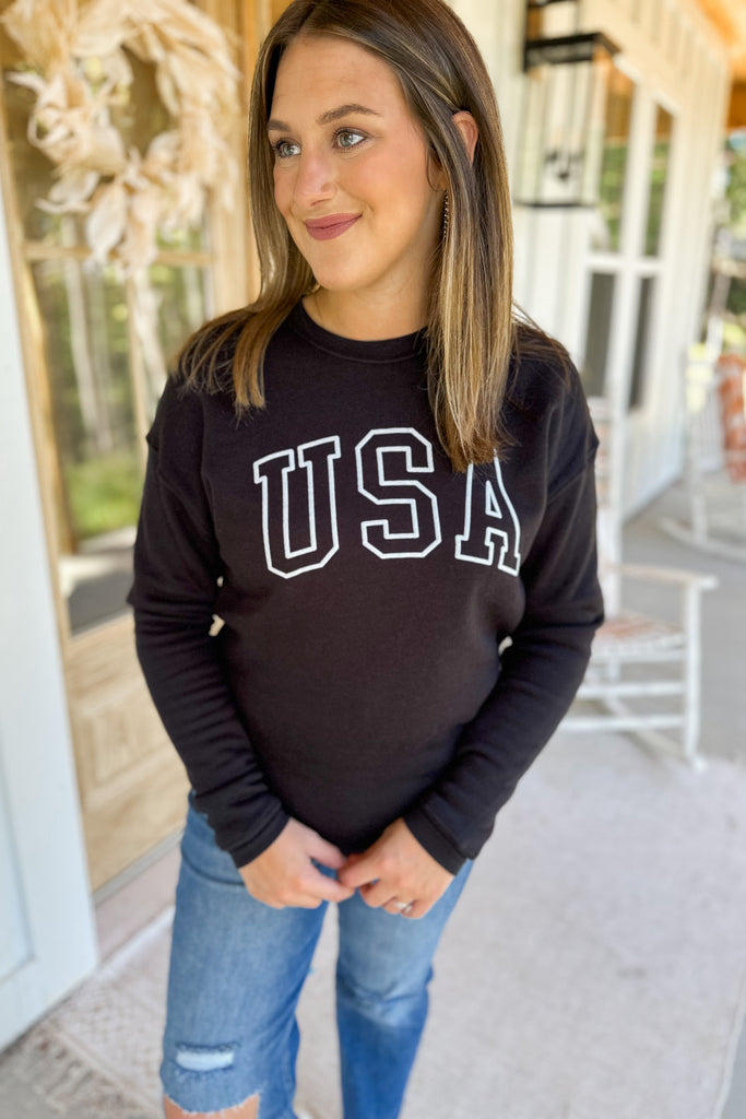 USA Puff Print Ever So Soft Long Sleeve Graphic Pullover Sweatshirt - Be You Boutique