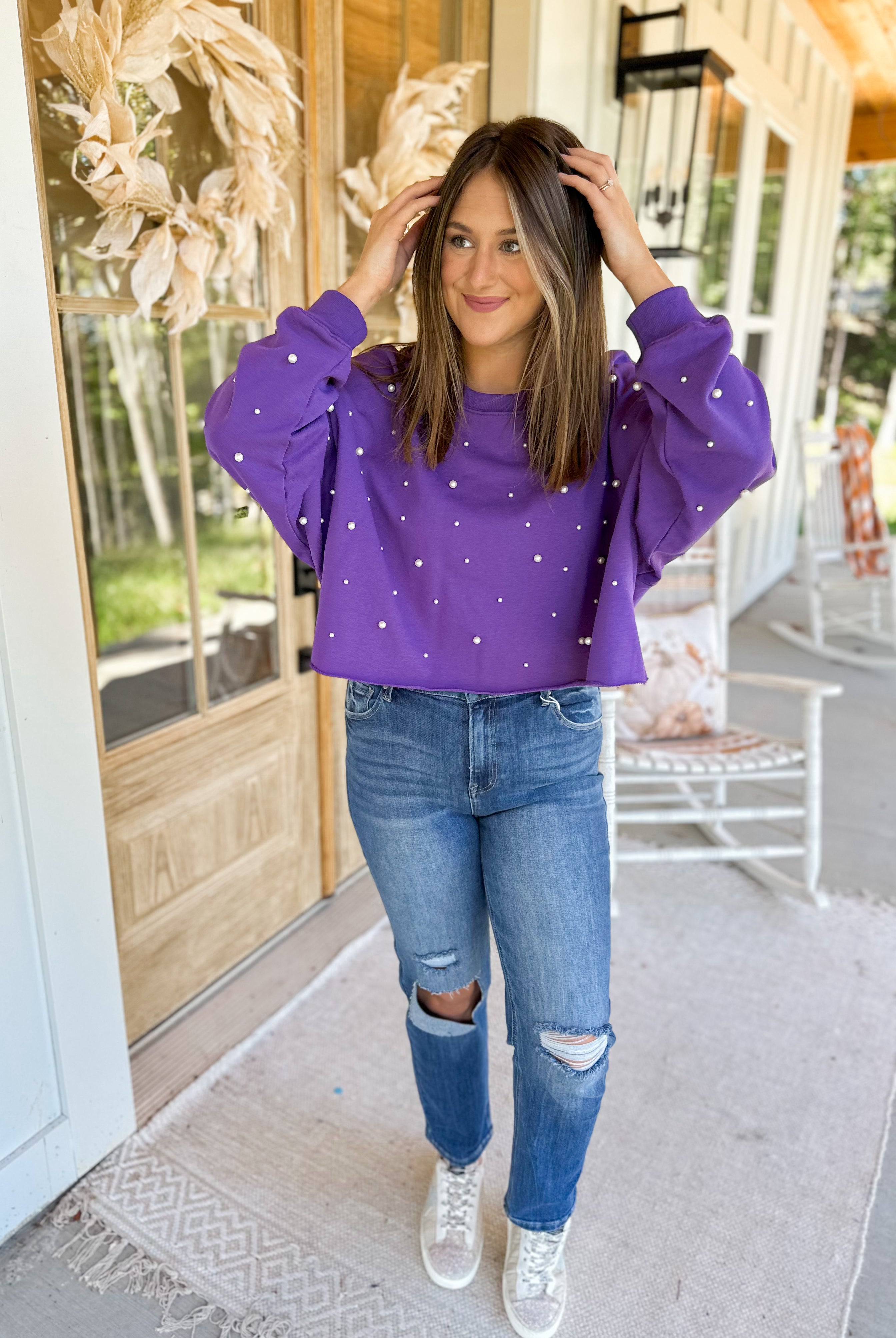 Cozy Pearl Allover Cropped Studded Sweatshirt - Be You Boutique
