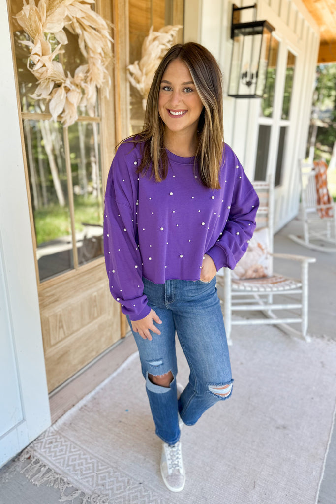 Cozy Pearl Allover Cropped Studded Sweatshirt - Be You Boutique