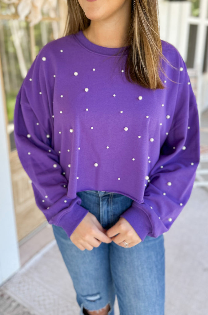 Cozy Pearl Allover Cropped Studded Sweatshirt - Be You Boutique