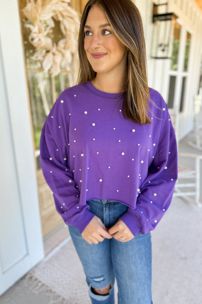 Cozy Pearl Allover Cropped Studded Sweatshirt - Be You Boutique