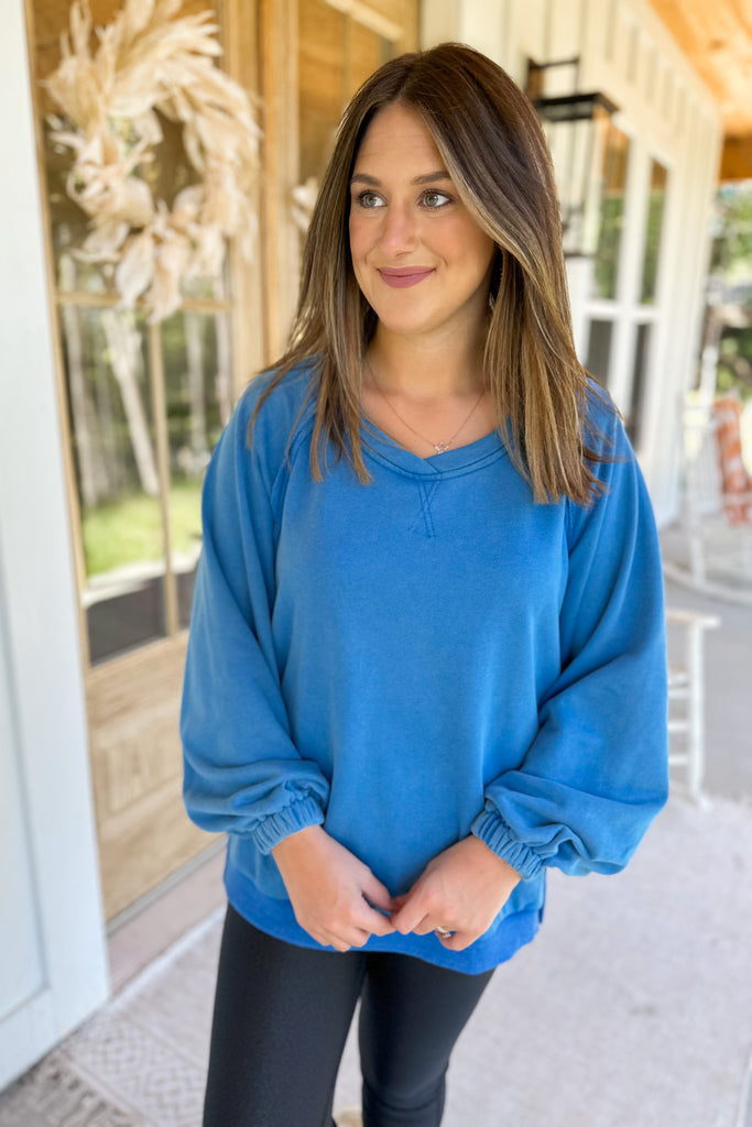 Penelope Cobalt Blue French Terry Sweater Top with Back Criss Cross Detail - Be You Boutique
