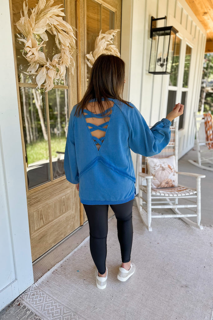 Penelope Cobalt Blue French Terry Sweater Top with Back Criss Cross Detail - Be You Boutique