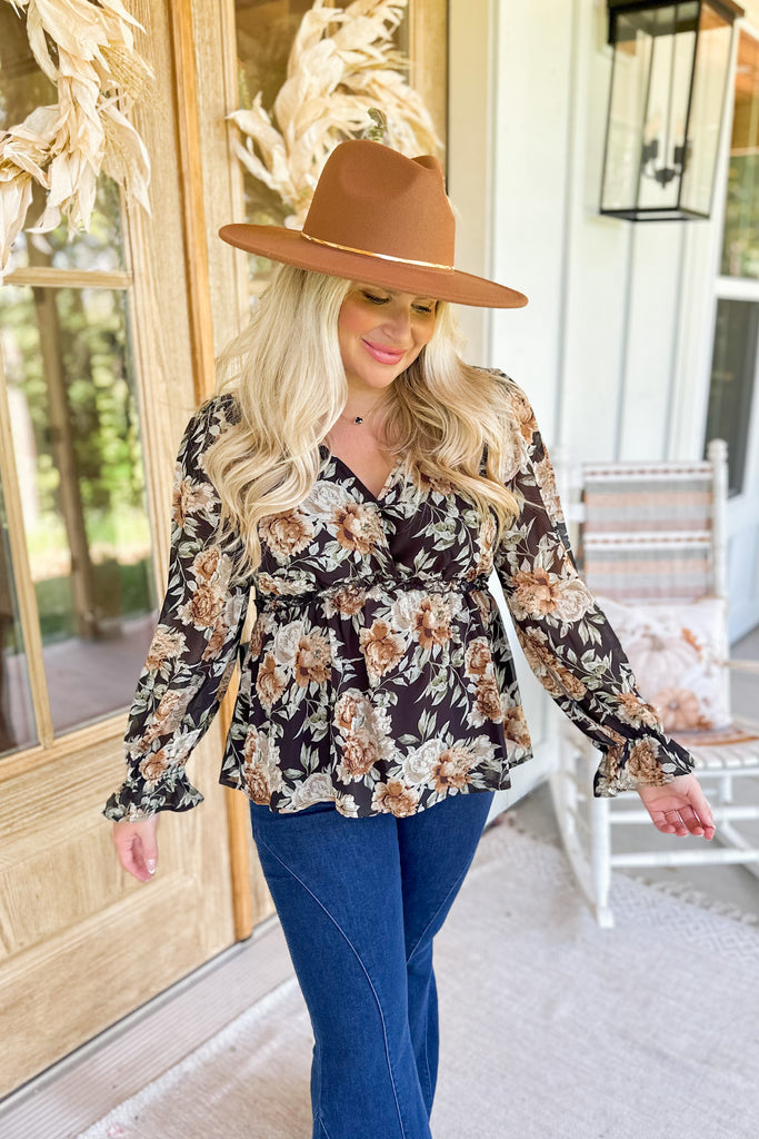 Sue 3/4 Sleeve Floral Peplum Ruffle Trim  Top - Be You Boutique