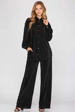 Dominic Plisse Long Sleeve Blouse and Bottom Set - Be You Boutique